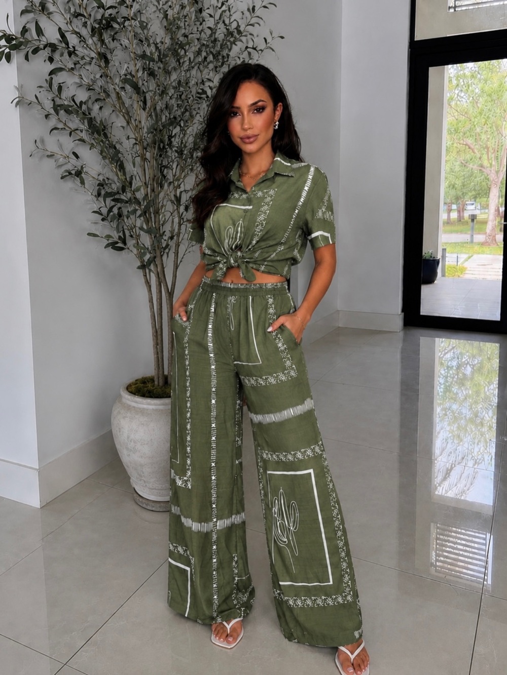 NWT Olive Green Wide-Leg Pant Set with Button Down Shirt | Summer Matching Set